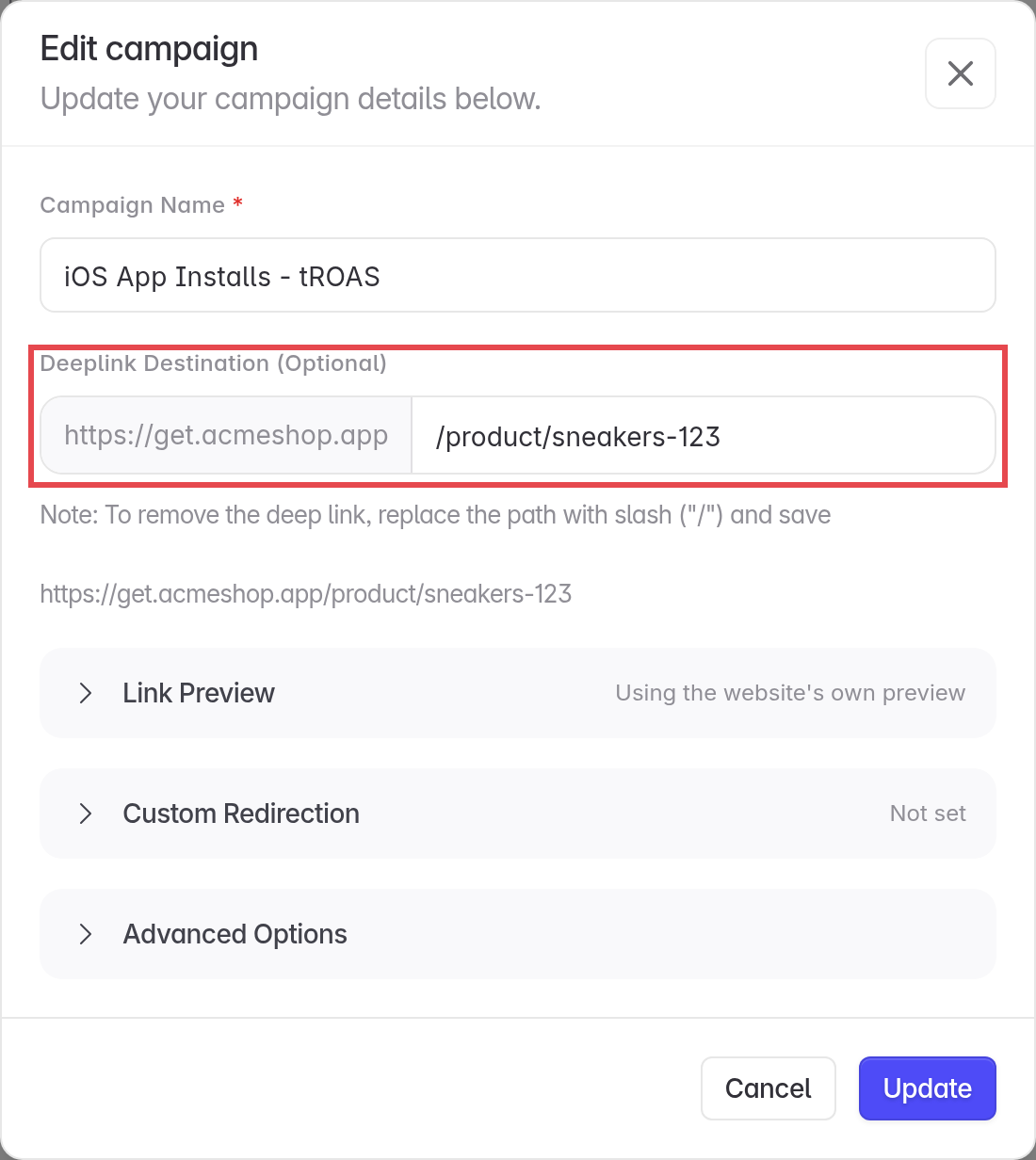 Edit campaign window with a path entered in Deeplink destination