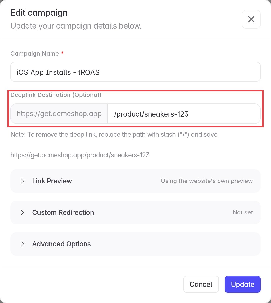 Edit campaign window with a path entered in Deeplink destination