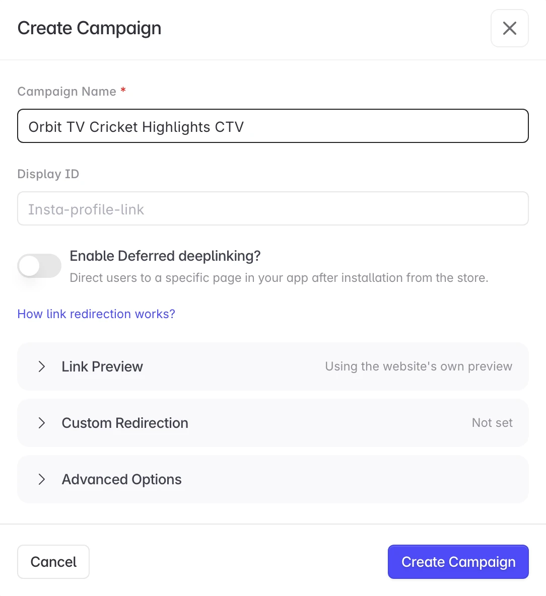 Create Campaign with a CTV campaign name filled in