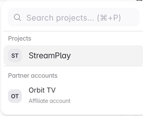 The app switcher open, with the advertiser's app under Projects and your partner account below it