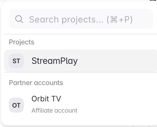 The app switcher open, with the advertiser's app under Projects and your partner account below it