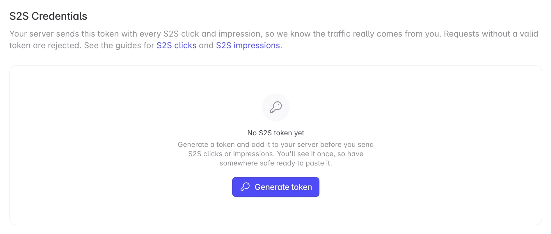 S2S Credentials with the Generate token button