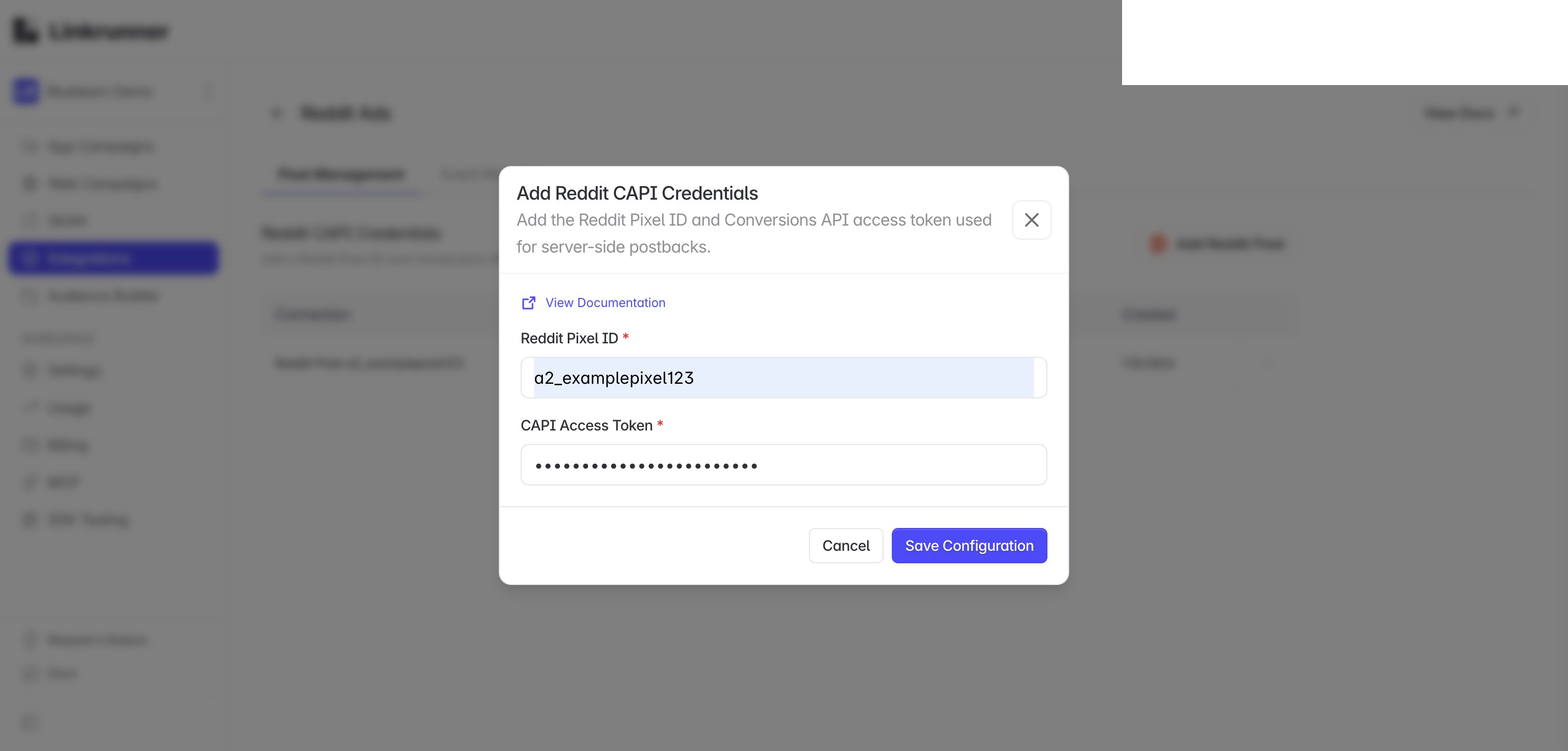 Add Reddit CAPI credentials in Linkrunner