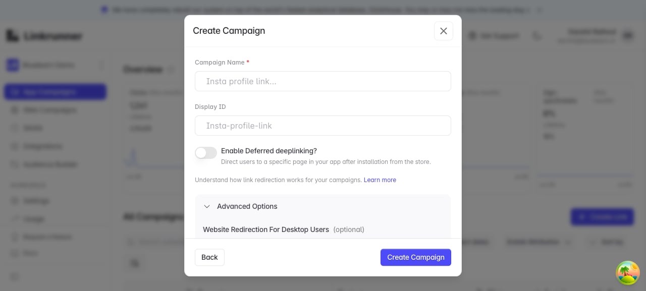 Linkrunner campaign advanced options