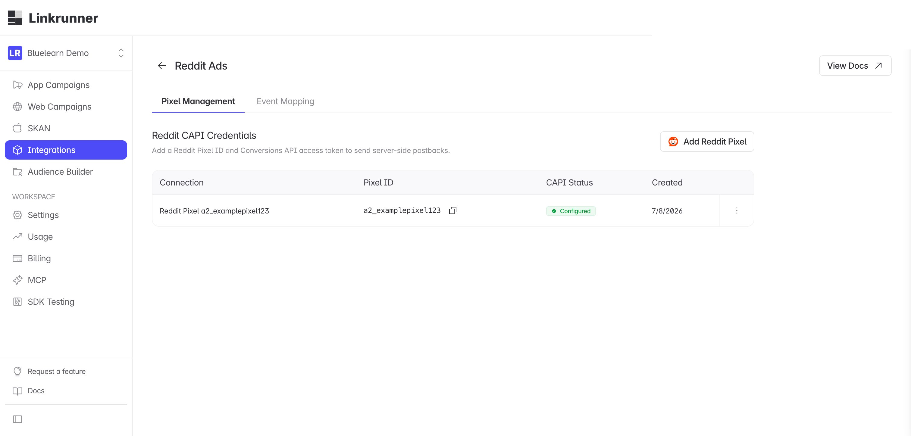 Linkrunner Reddit CAPI credentials page