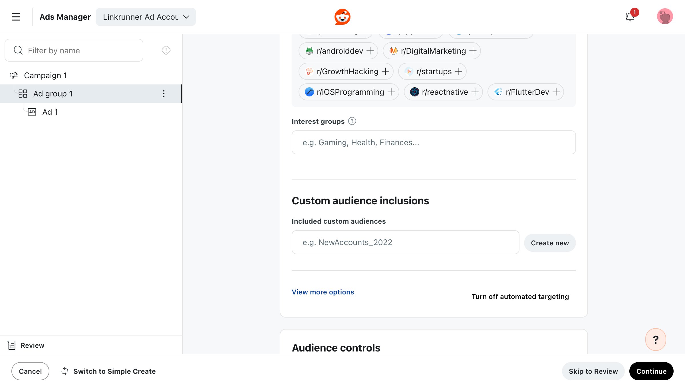 Reddit ad group setup