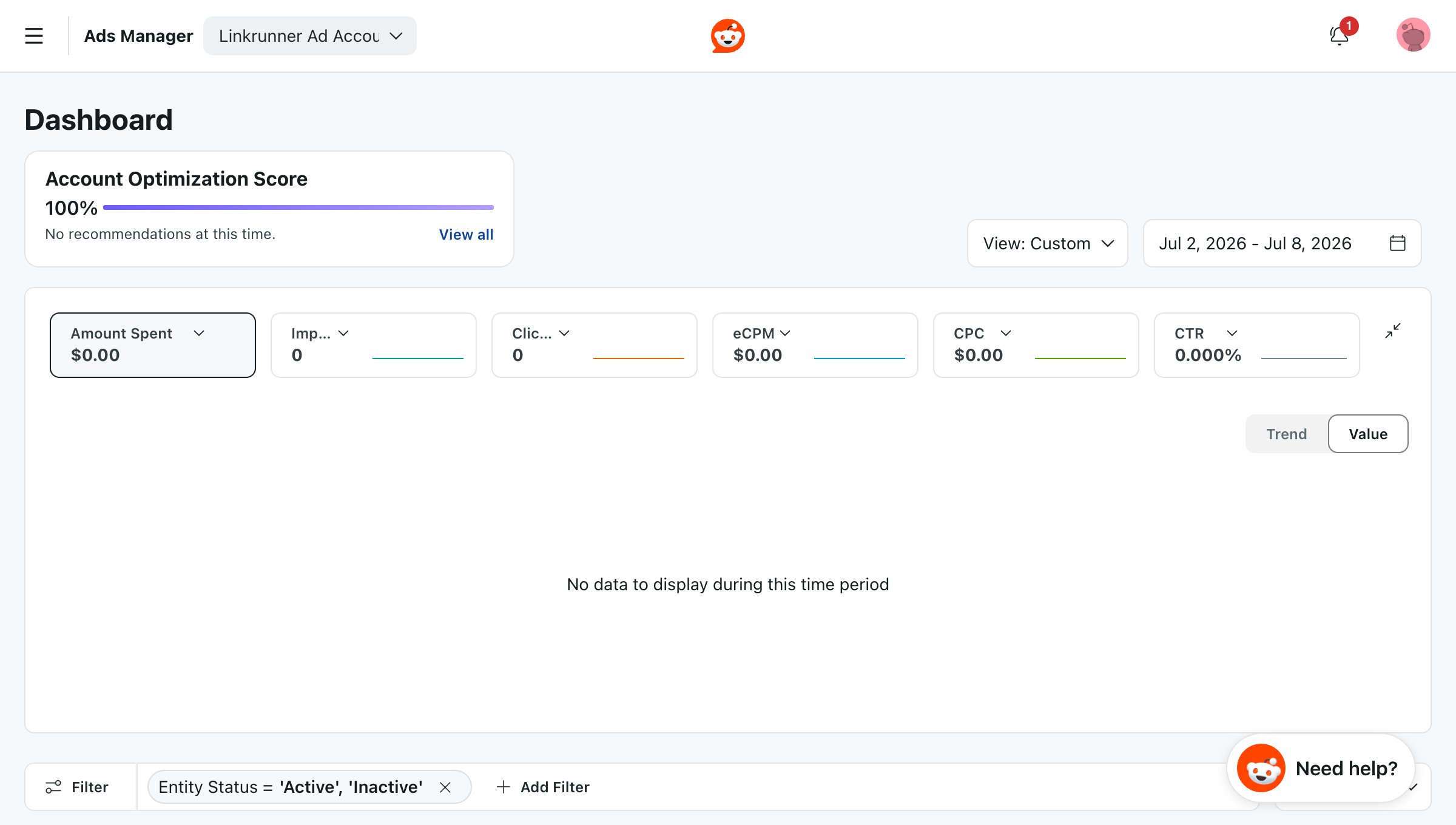 Reddit Ads Manager dashboard