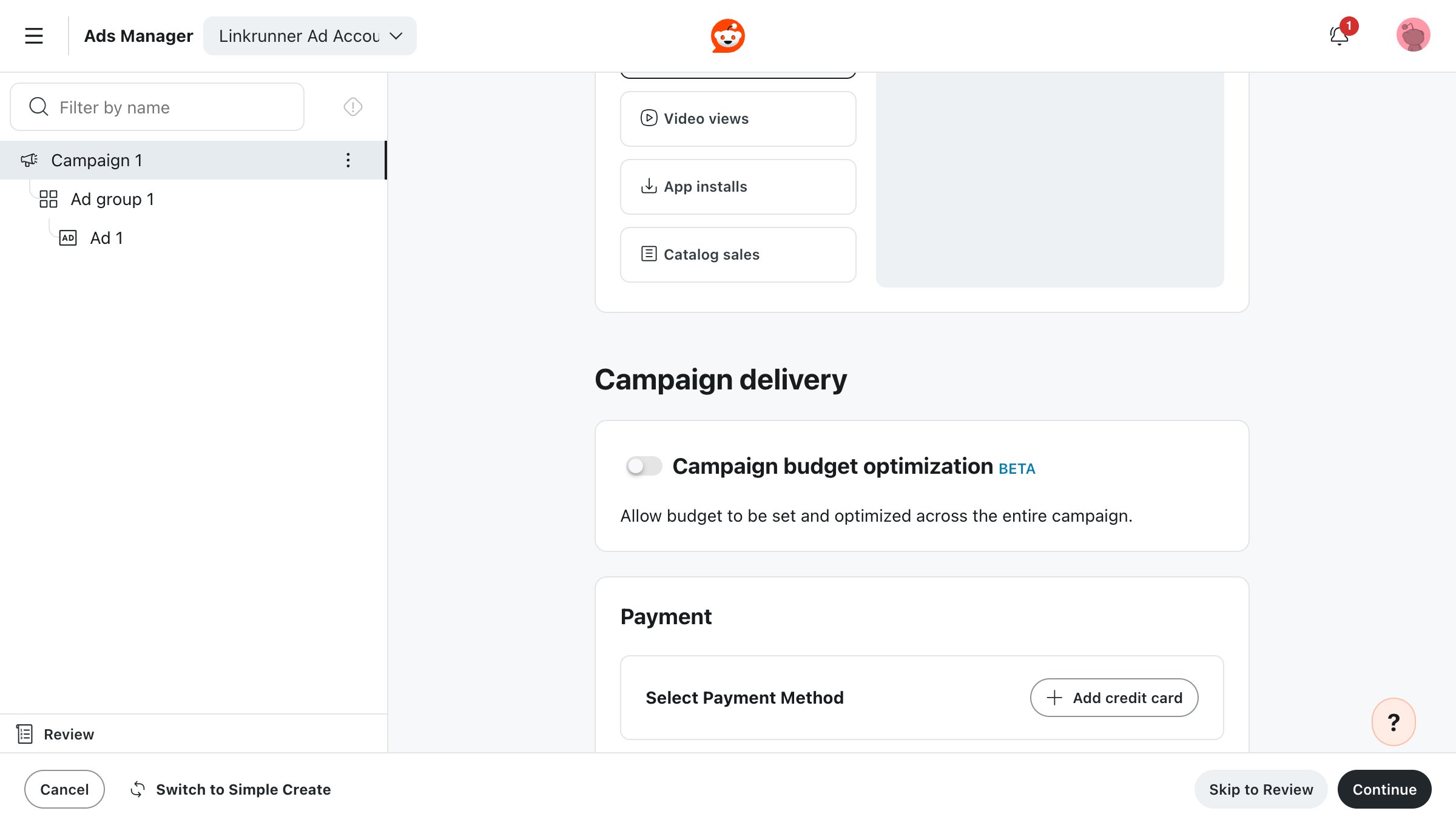 Reddit campaign with Conversions selected