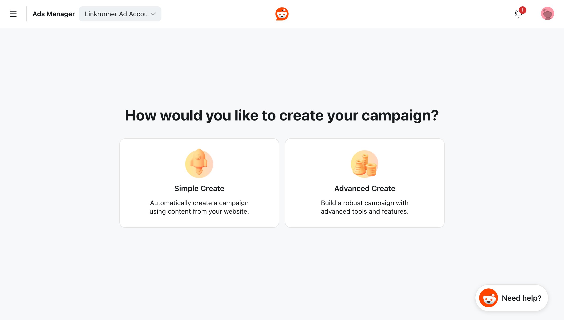 Reddit campaign creation start screen