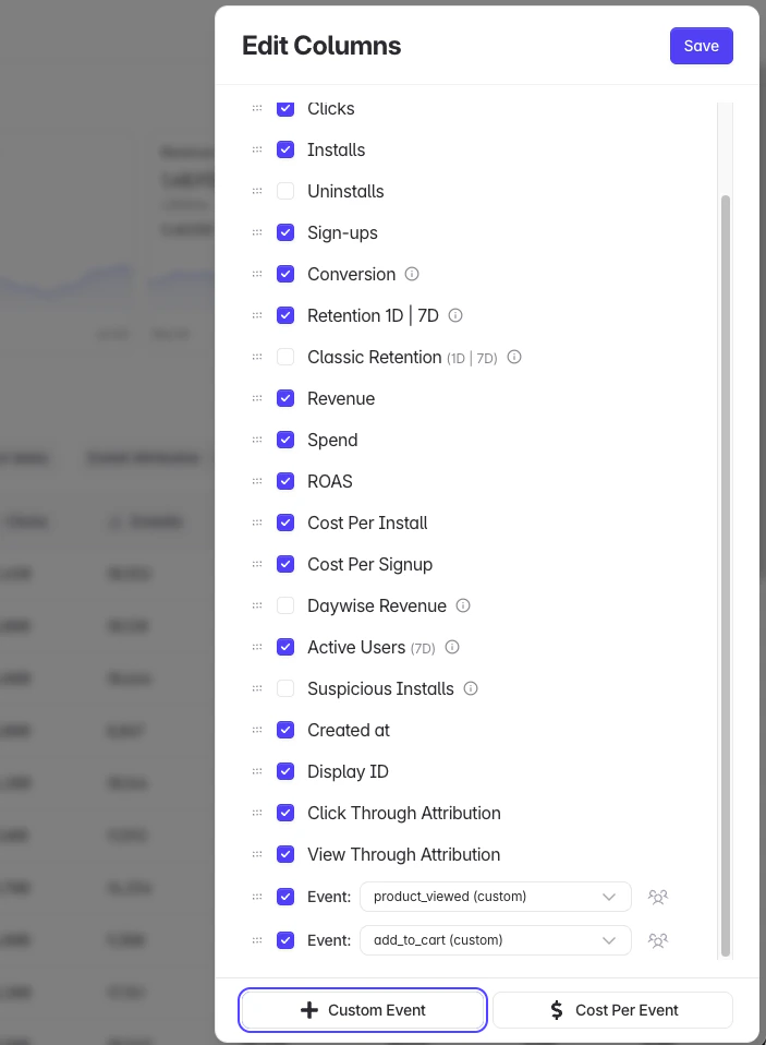 Edit Columns panel on the Campaigns table with metric and per-event columns