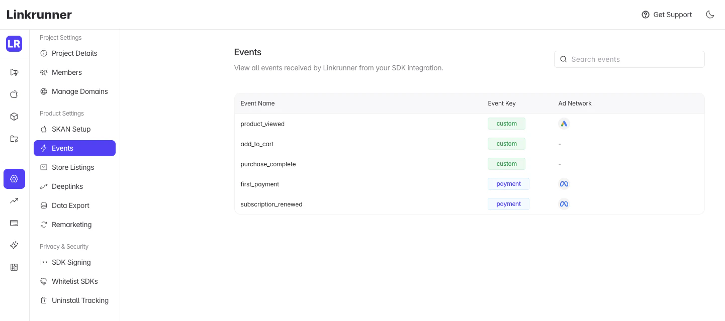Events settings page listing received events and their ad network mappings
