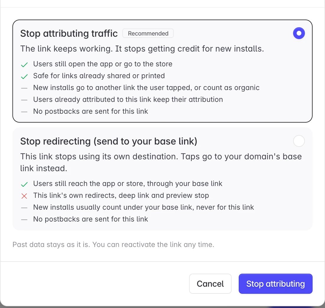 Deactivate link dialog with Stop attributing traffic selected