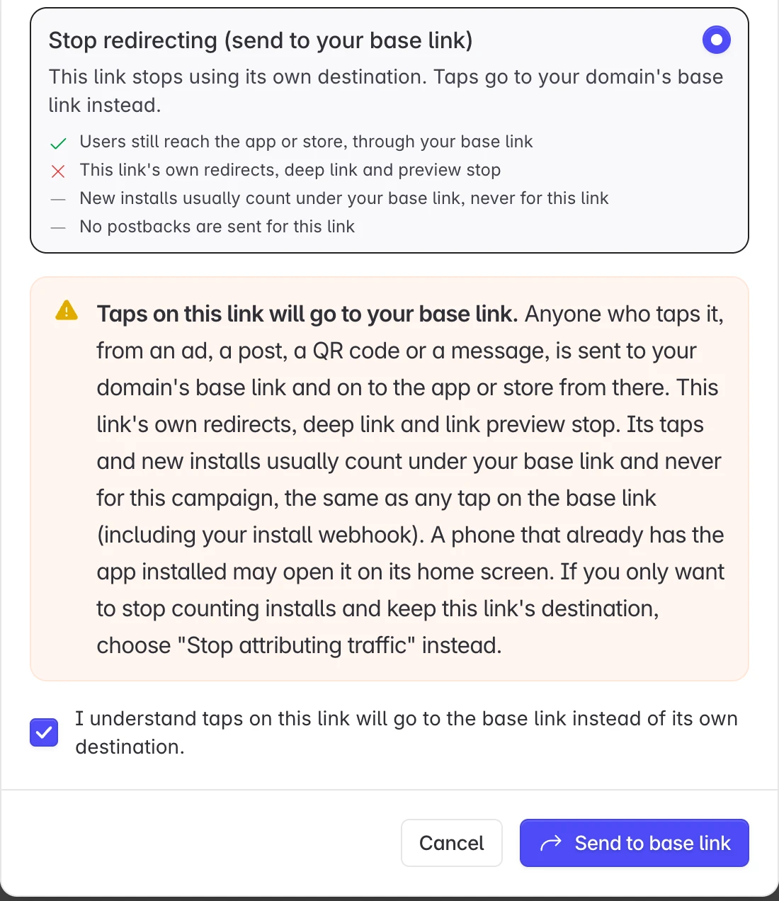 Stop redirecting selected, with the warning and the confirmation checkbox ticked