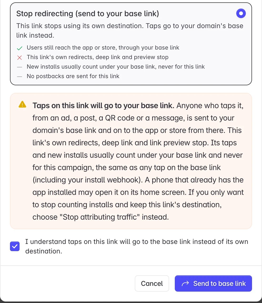 Stop redirecting selected, with the warning and the confirmation checkbox ticked