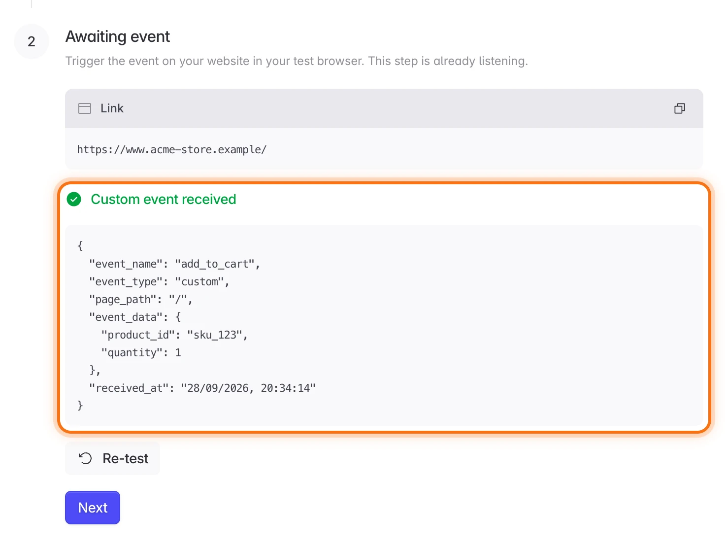 Custom Events Tracking step showing Custom event received