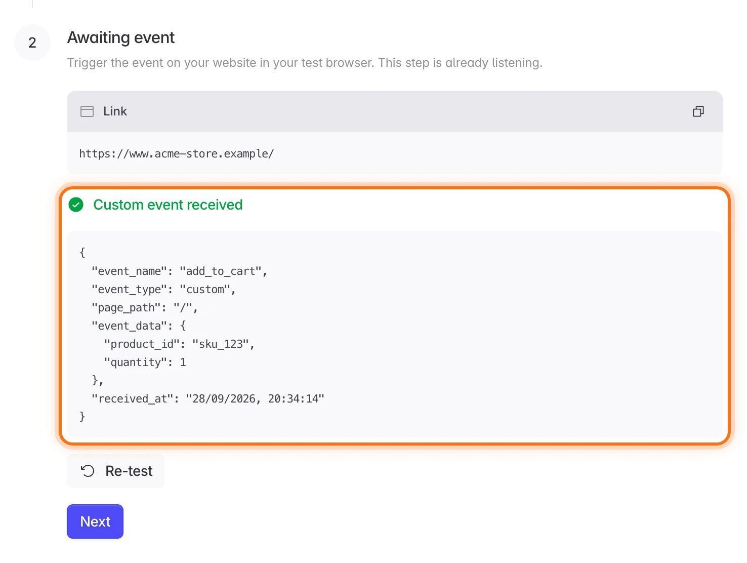 Custom Events Tracking step showing Custom event received