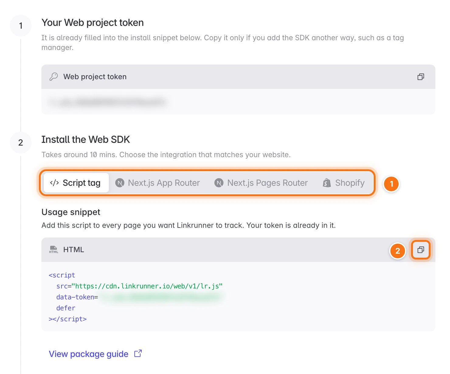 Install the Web SDK step with the install options and the snippet
