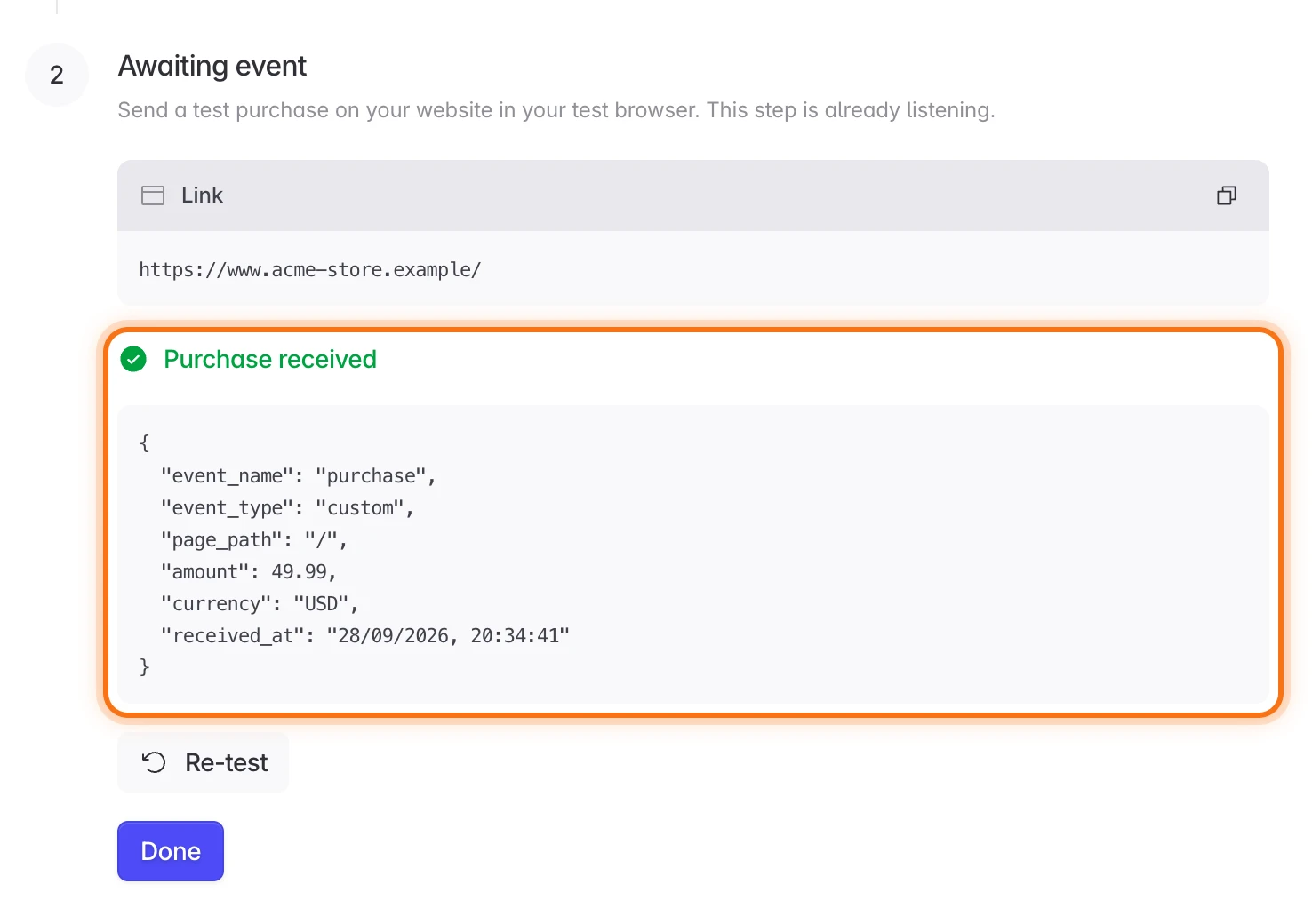 Revenue Event Tracking step showing Purchase received