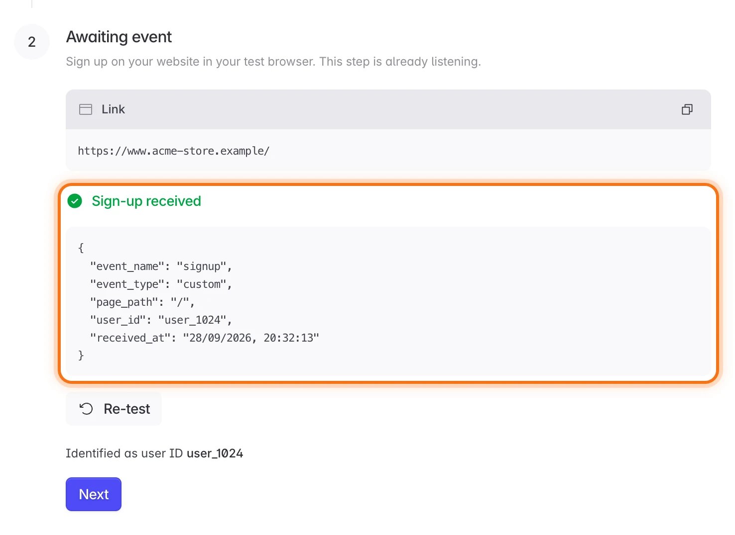 Sign-up Tracking step showing Sign-up received
