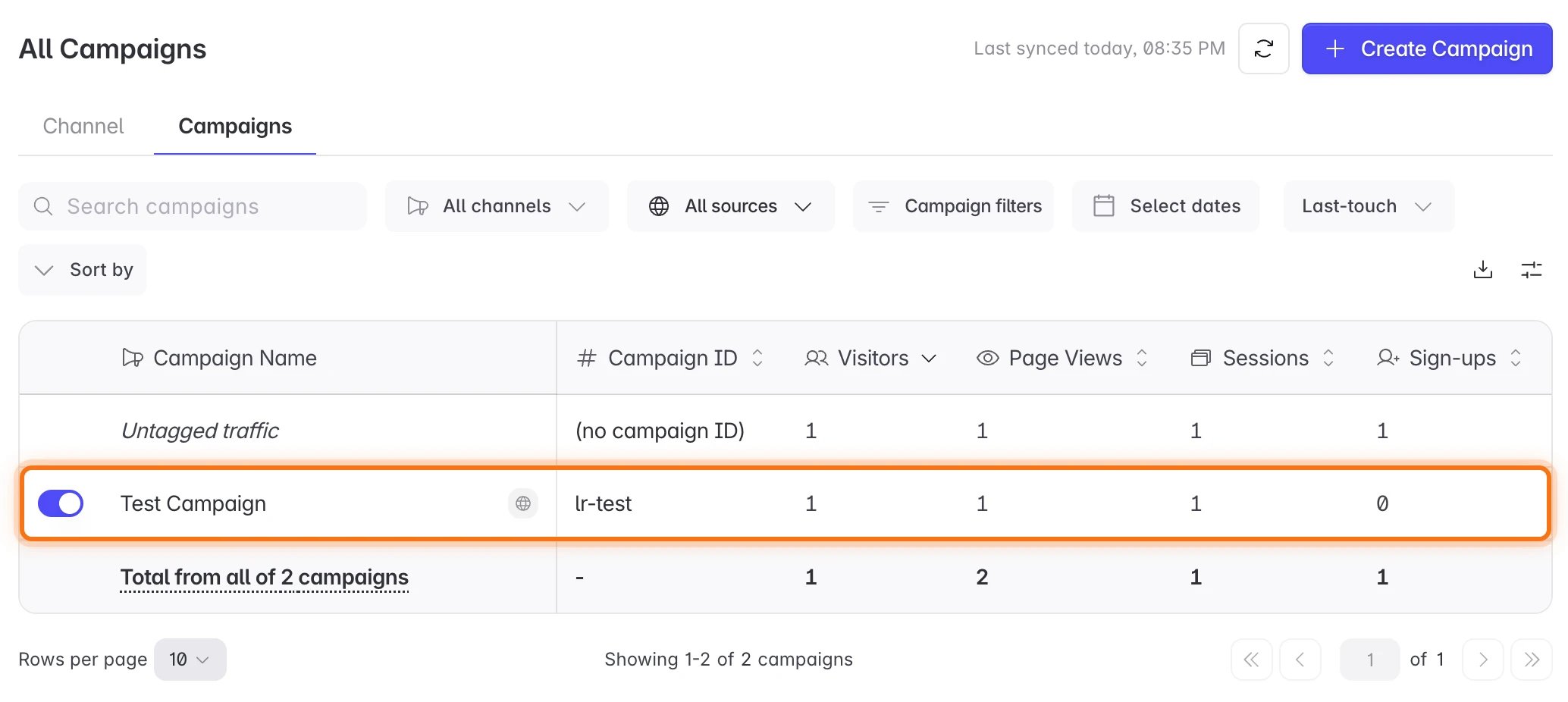Web Campaigns with the Test Campaign row highlighted