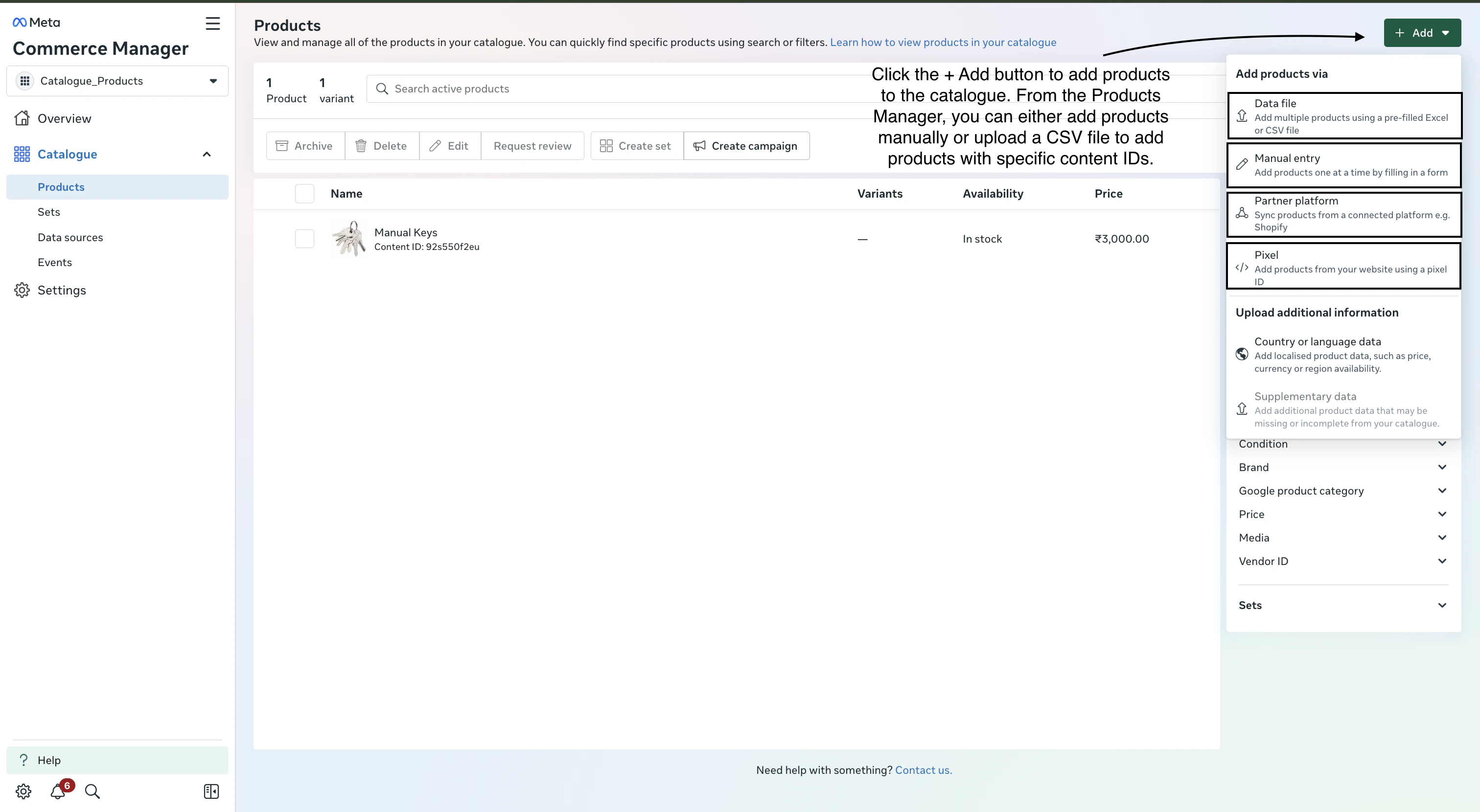 Add products to catalogue via manual entry or CSV upload