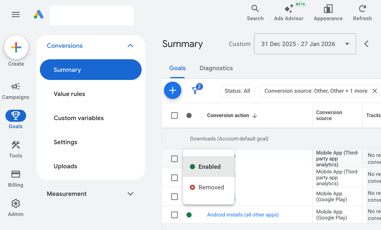 Google Ads - Enable Removed Conversion