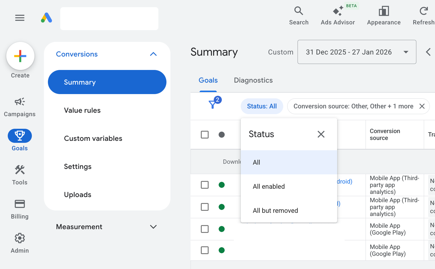 Google Ads - Status Filter