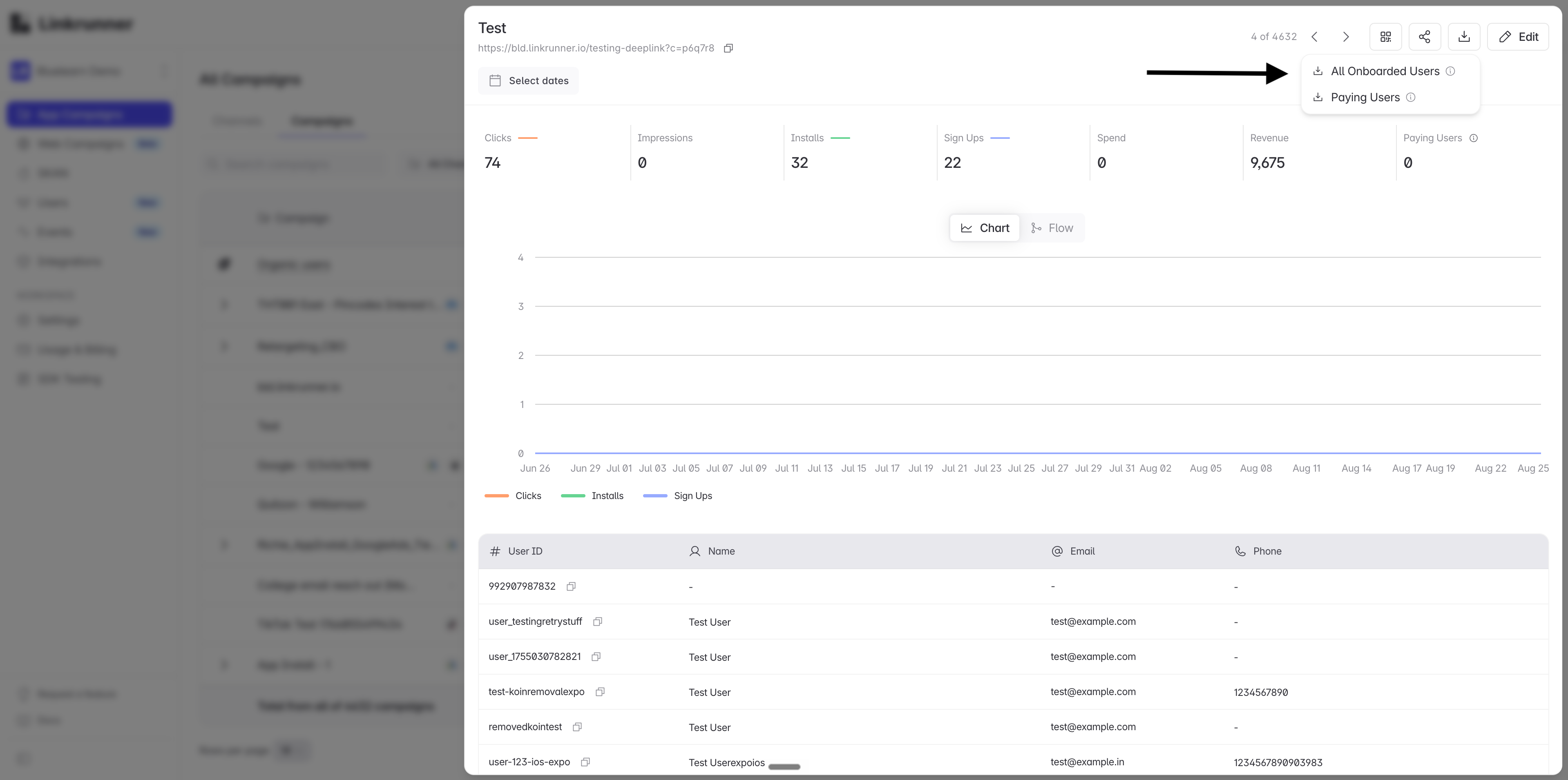 A campaign drawer with the download menu open, showing All Onboarded Users and Paying Users