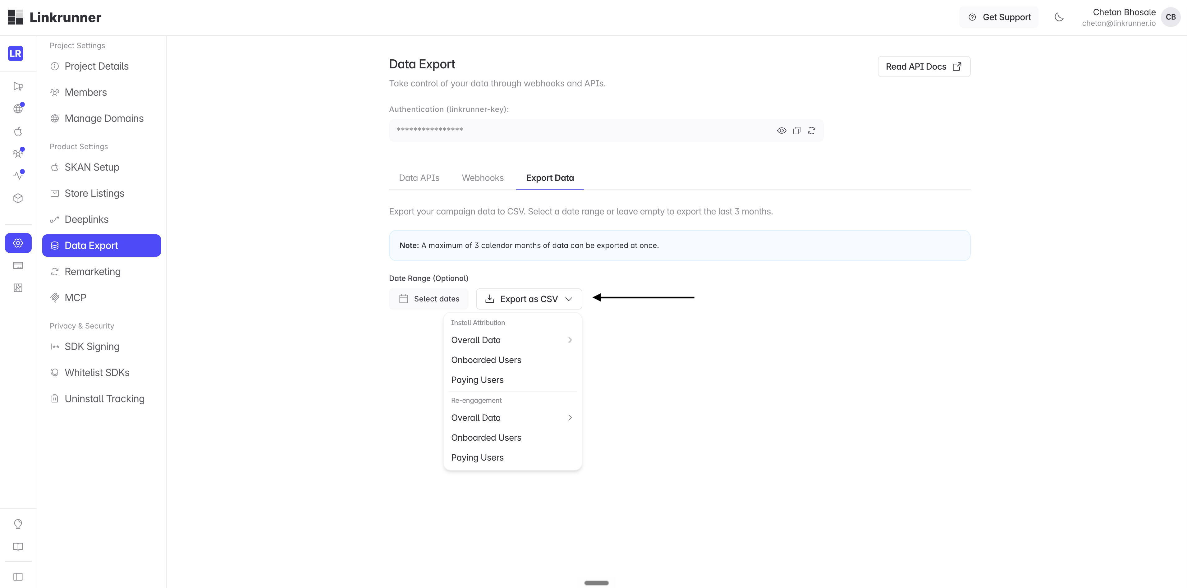 The Data Export page in Settings, with the Export as CSV menu open showing Install Attribution and Re-engagement options