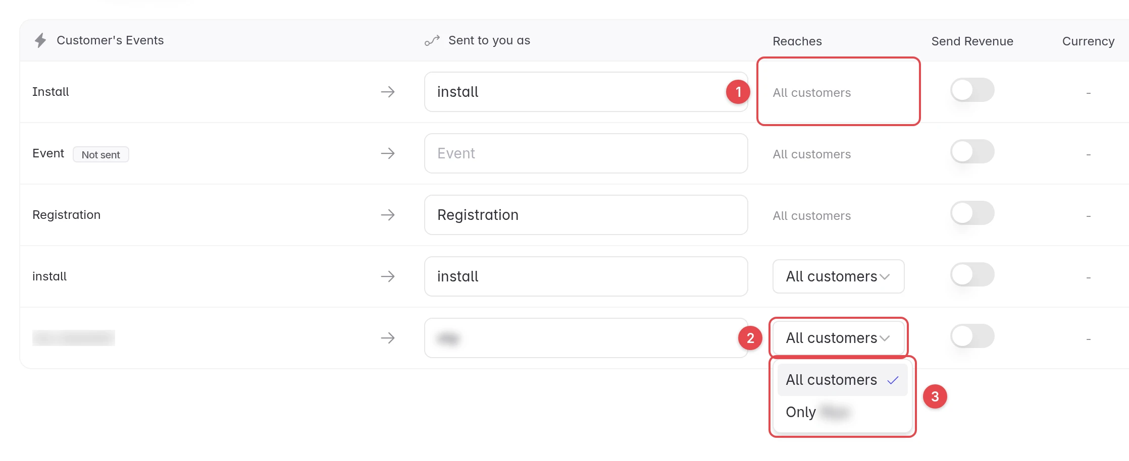 The Reaches dropdown open on a mapping row