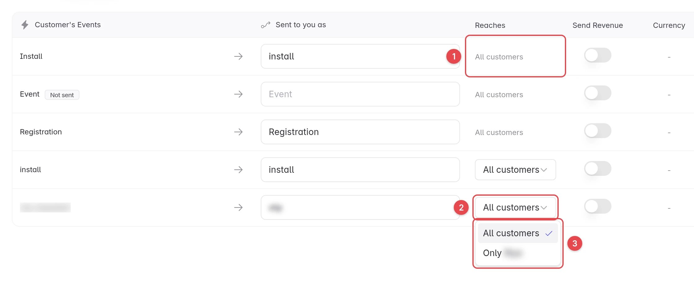 The Reaches dropdown open on a mapping row