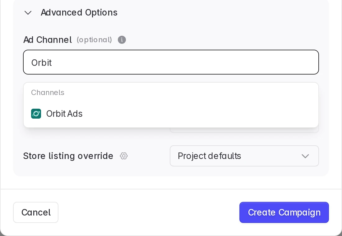 Ad Channel filtered to the connected affiliate Orbit Ads