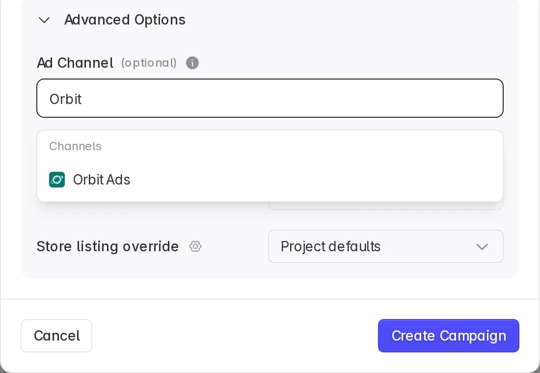 Ad Channel filtered to the connected affiliate Orbit Ads