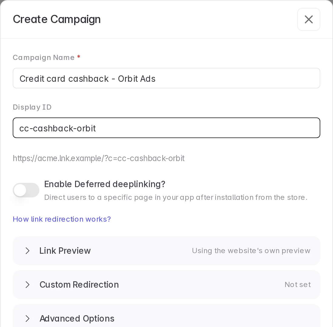 Campaign name and display ID in the agency's Create Link form