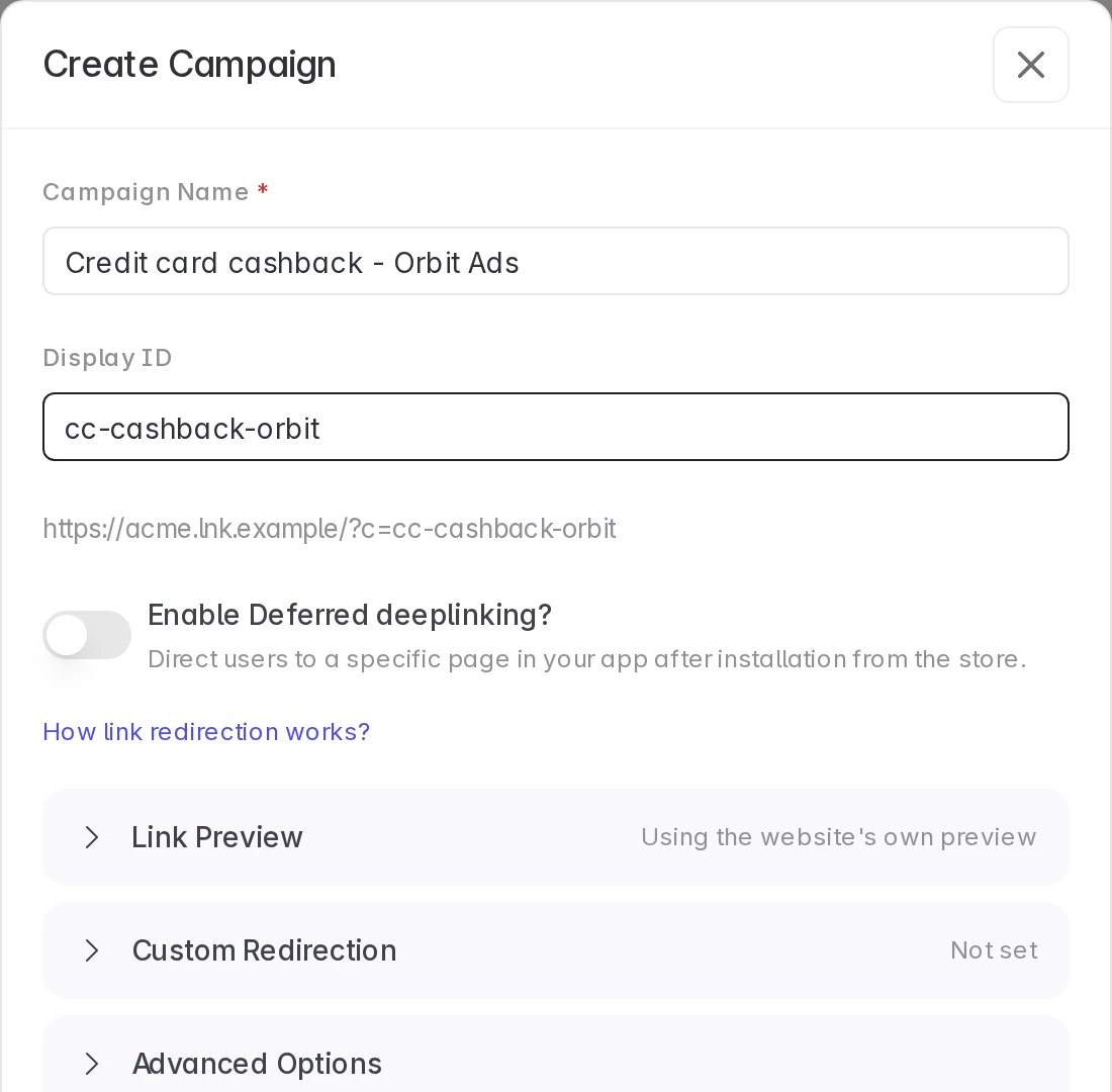 Campaign name and display ID in the agency's Create Link form