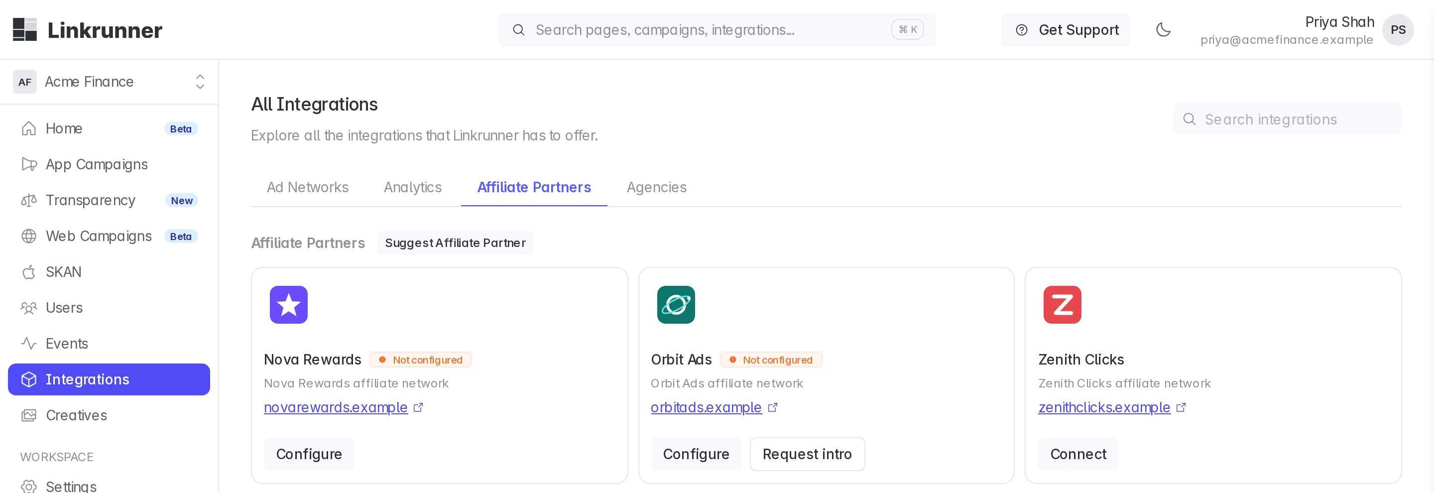 Nova Rewards and Orbit Ads connected, Zenith Clicks with Connect, under Integrations → Affiliate Partners