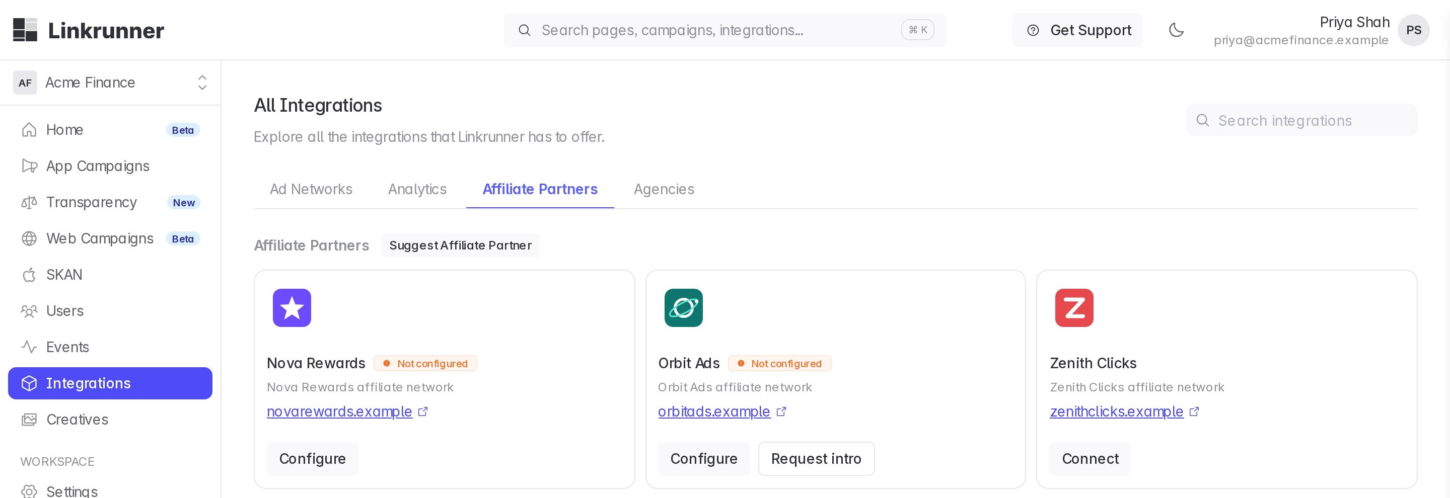 Nova Rewards and Orbit Ads connected, Zenith Clicks with Connect, under Integrations → Affiliate Partners