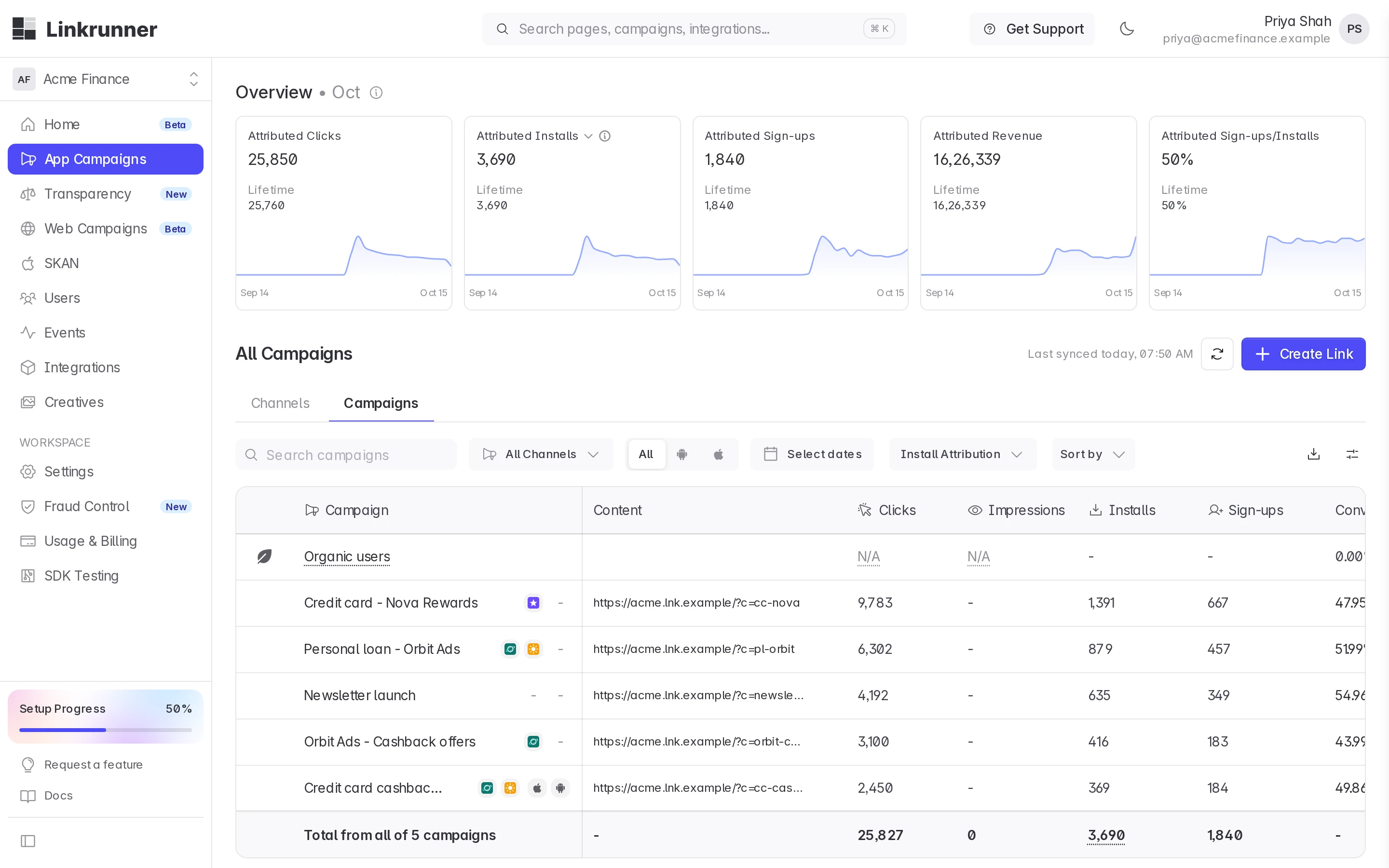 The customer's campaign list: every campaign, with affiliate and agency logos