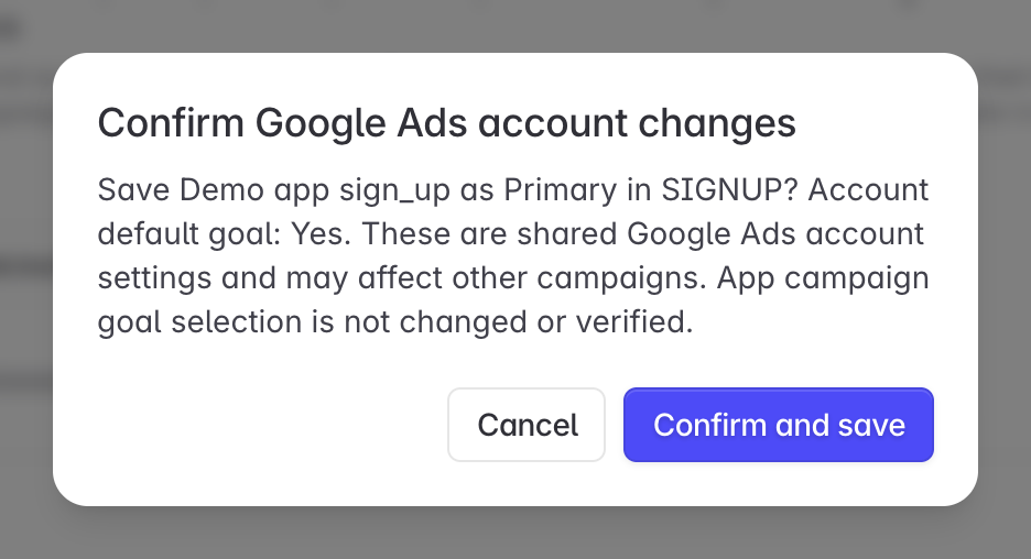 Confirmation dialog explaining the account-wide impact before saving a demo conversion action