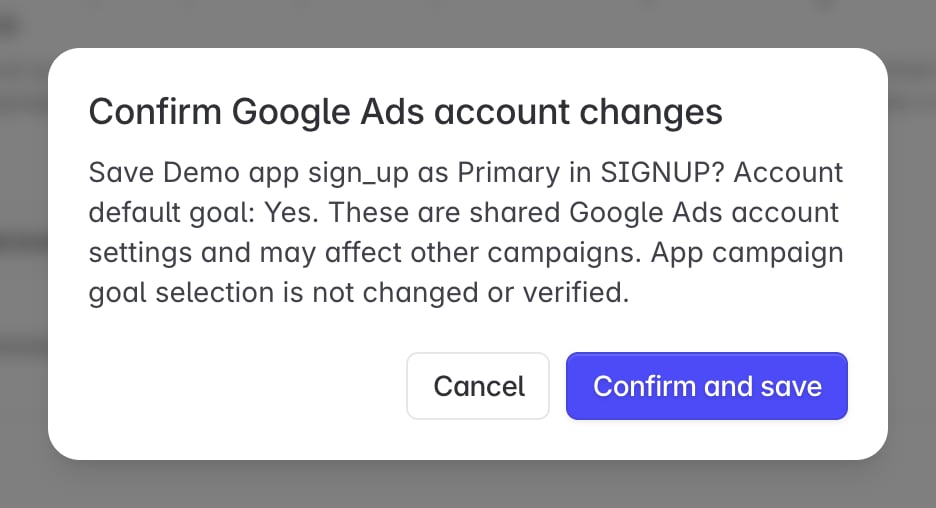Confirmation dialog explaining the account-wide impact before saving a demo conversion action