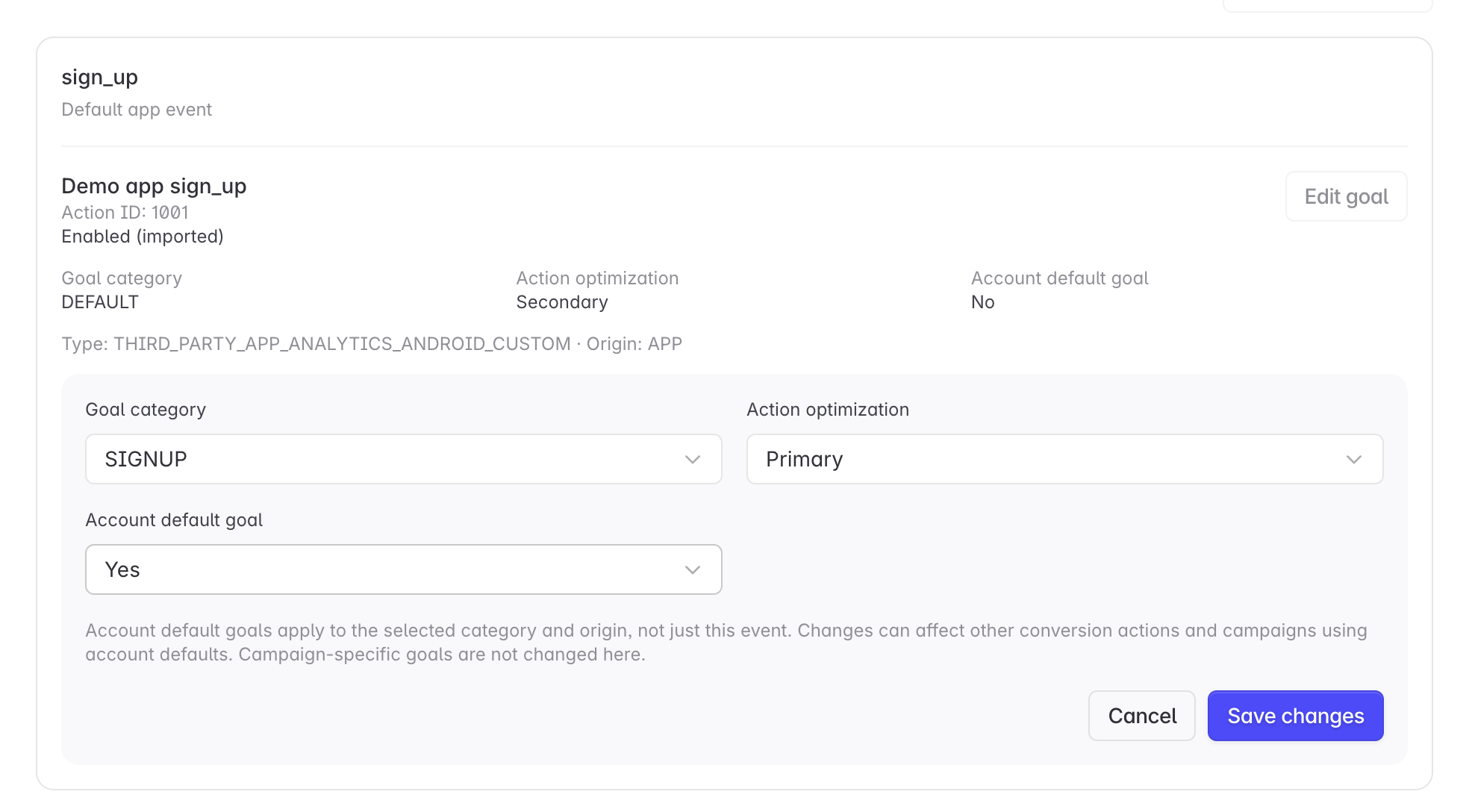Goal editor with category, Primary optimization, account-default settings, and Save changes for a demo action