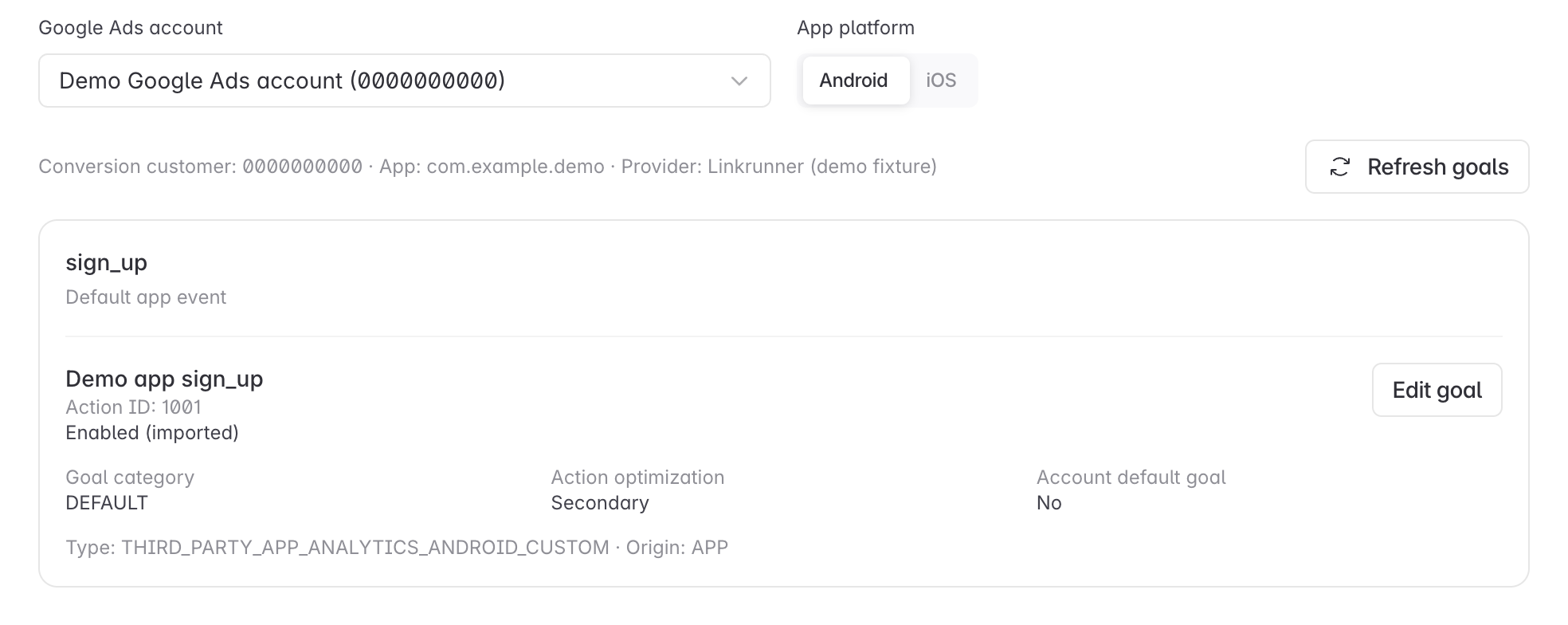 Google app conversion goals showing the account, platform, and an enabled action using illustrative demo data