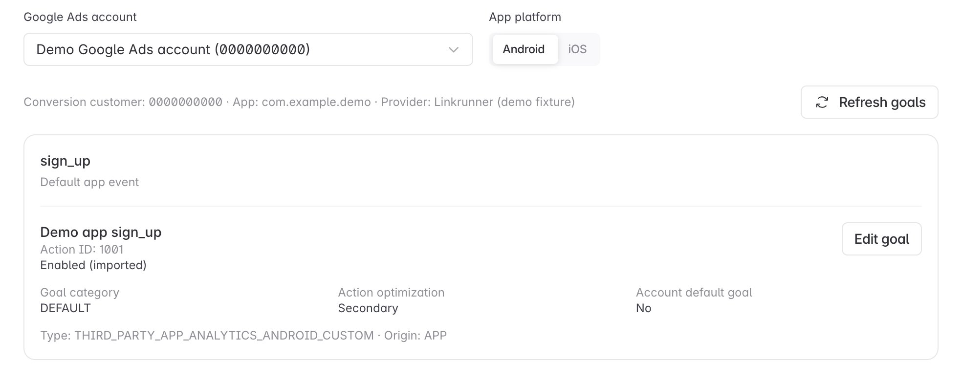 Google app conversion goals showing the account, platform, and an enabled action using illustrative demo data