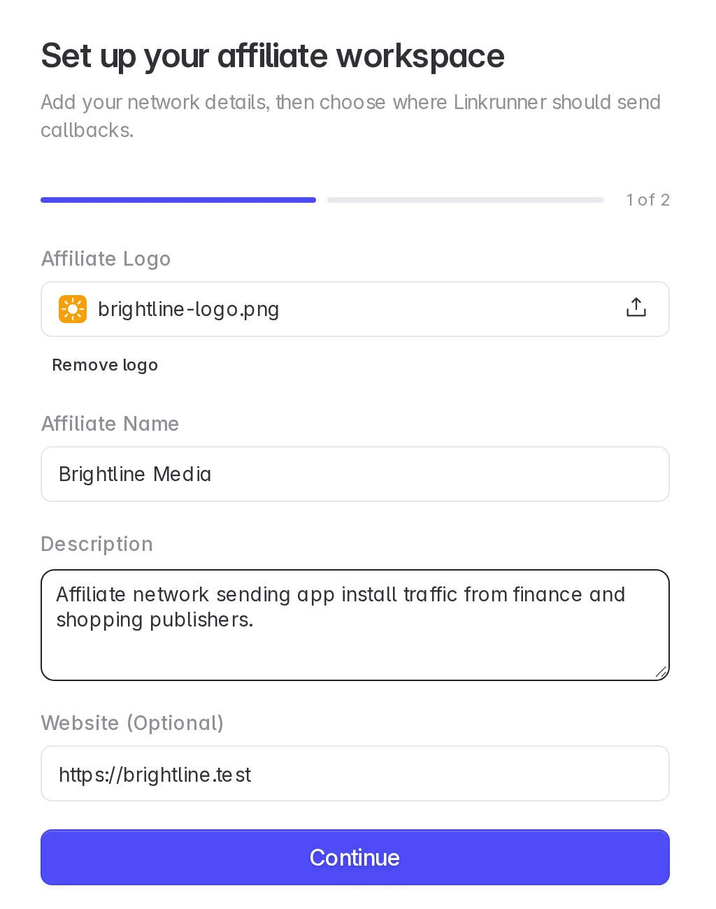 Affiliate setup, step 1: logo, network name, description and website