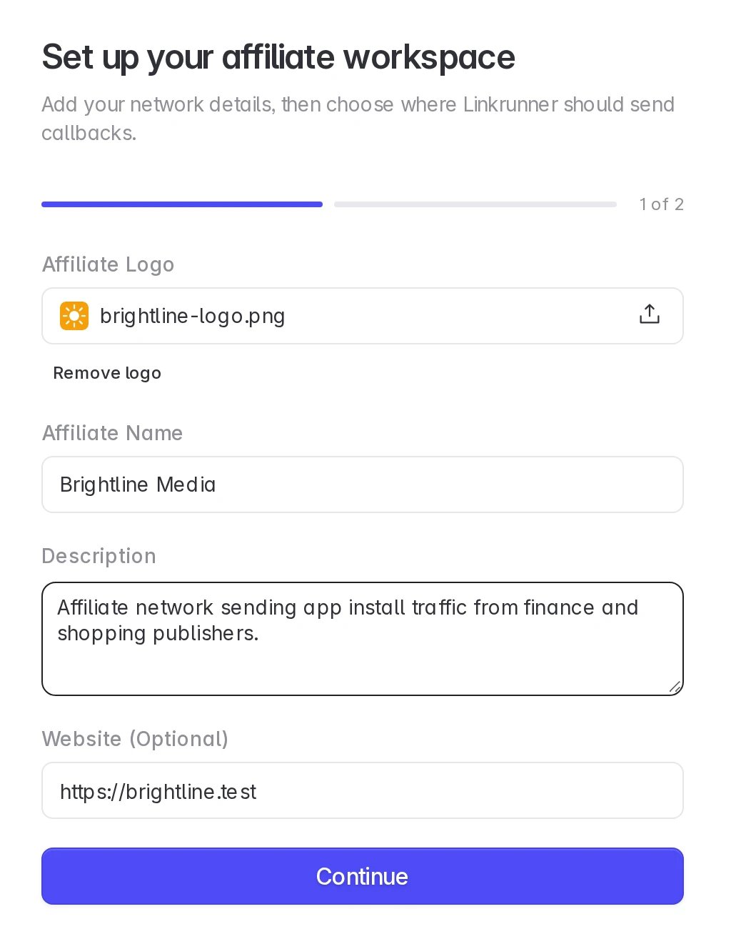 Affiliate setup, step 1: logo, network name, description and website