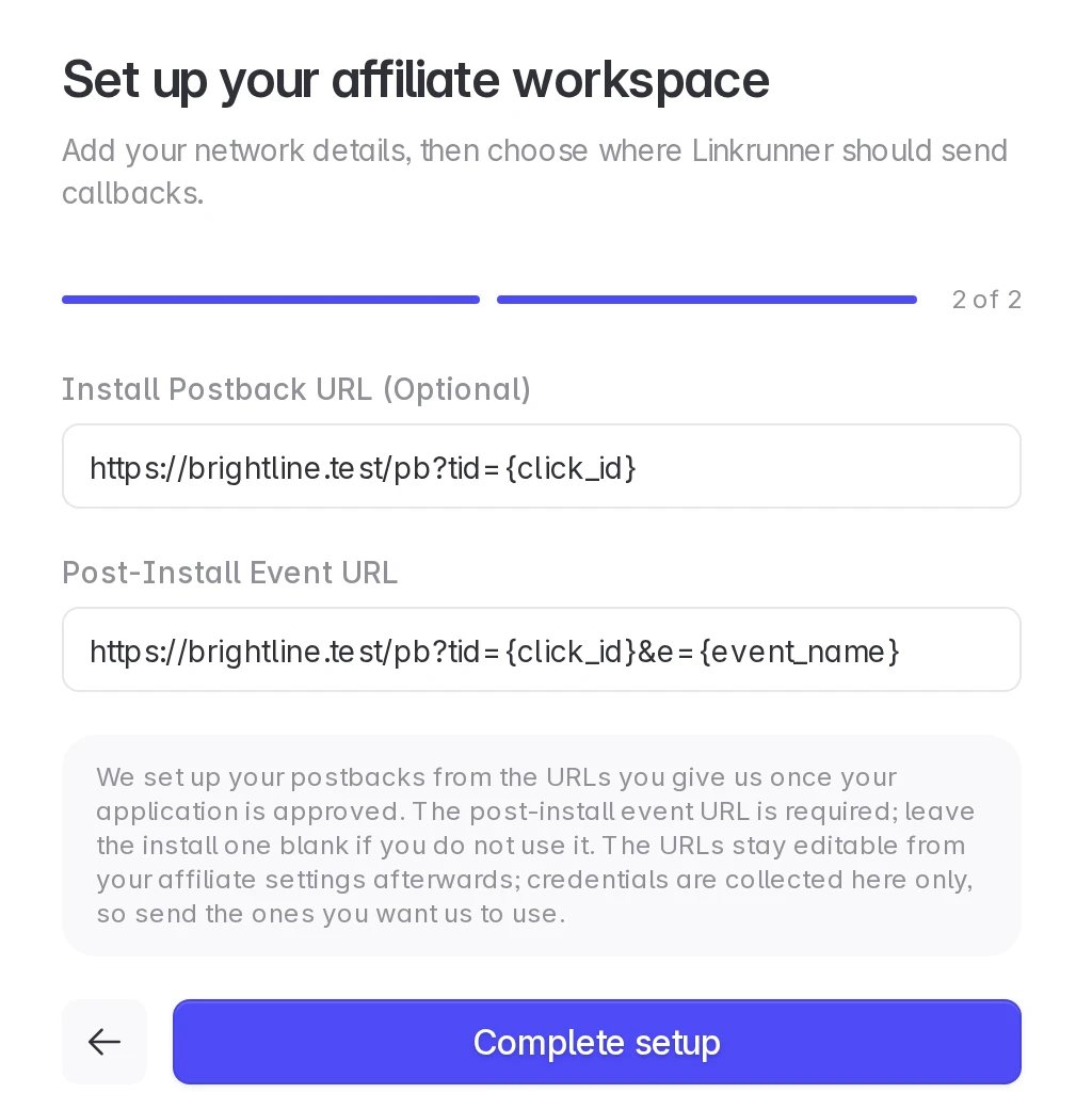 Affiliate setup, step 2: install postback URL and post-install event URL, then Complete setup