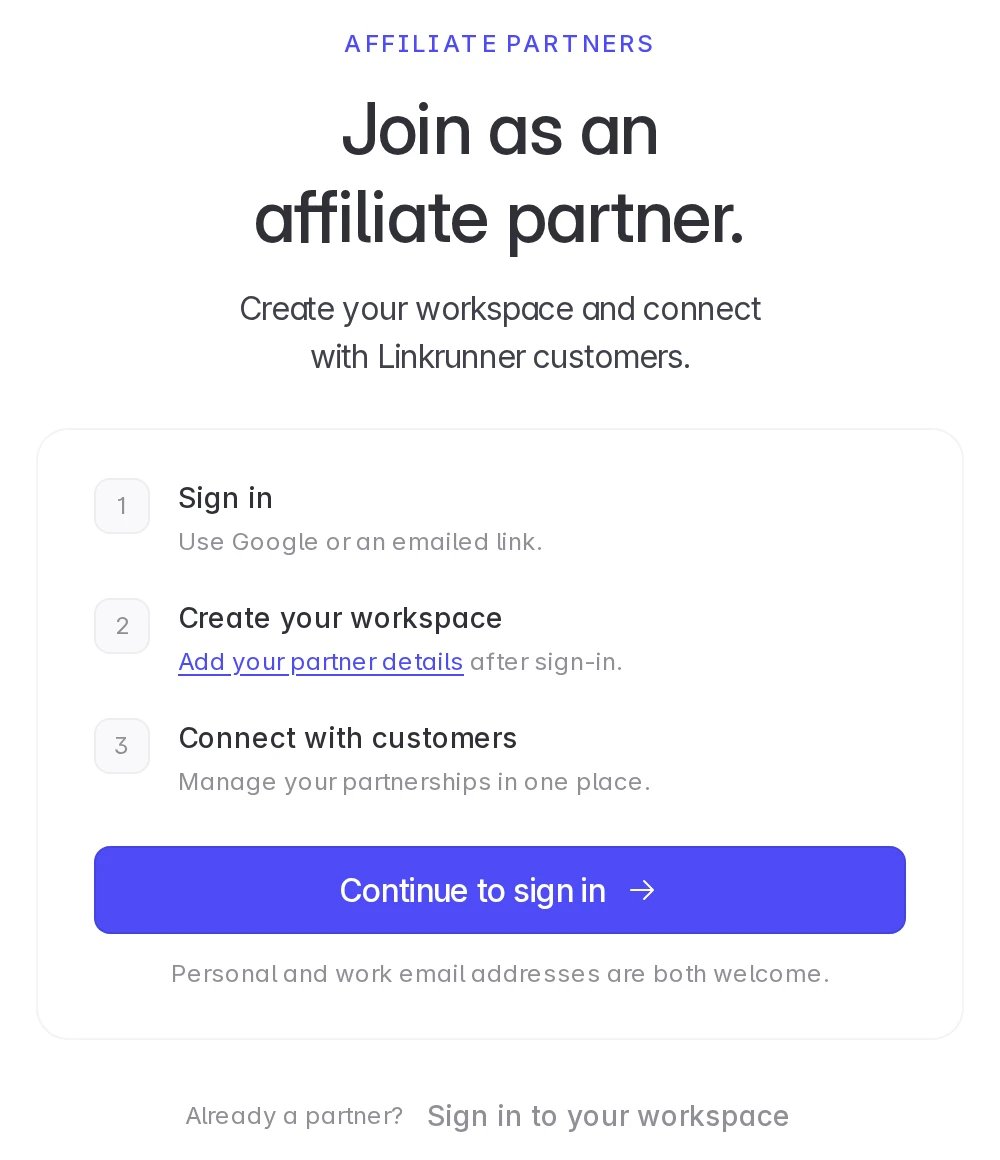 Affiliate Partner Sign Up page with the Continue to sign in button