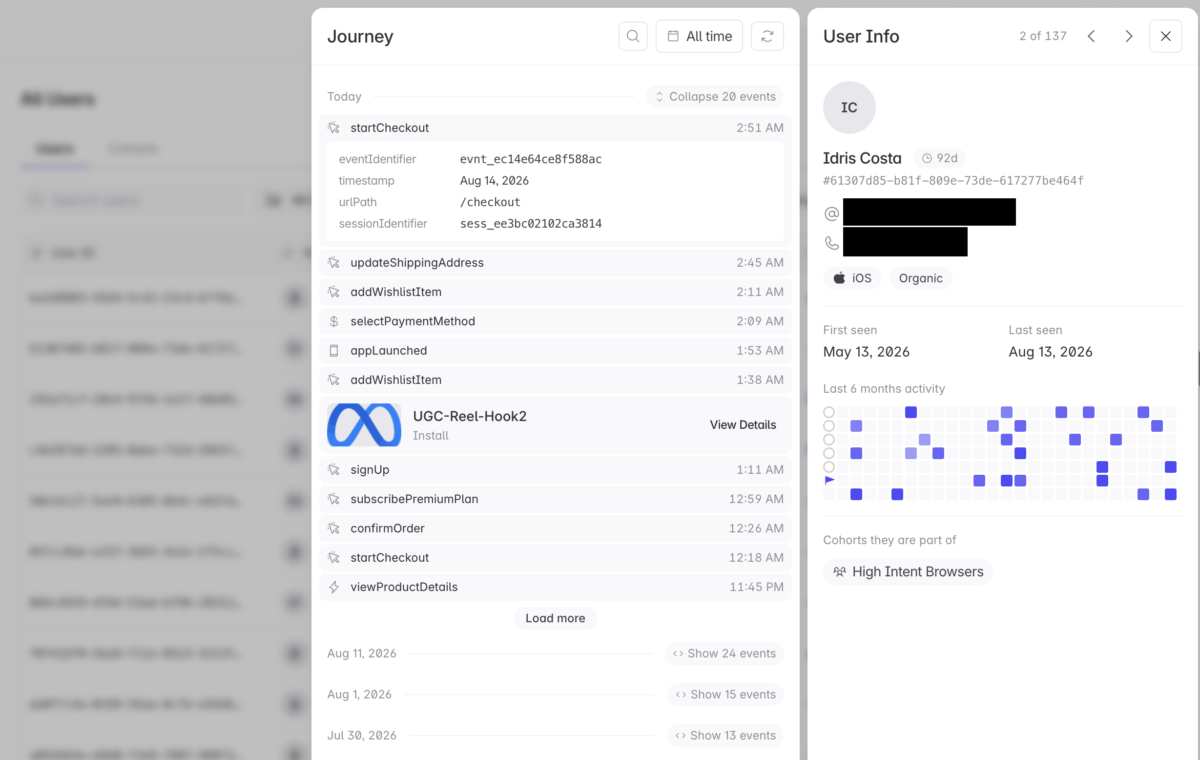 A user profile showing the Journey list on the left and the user information panel with activity heatmap on the right