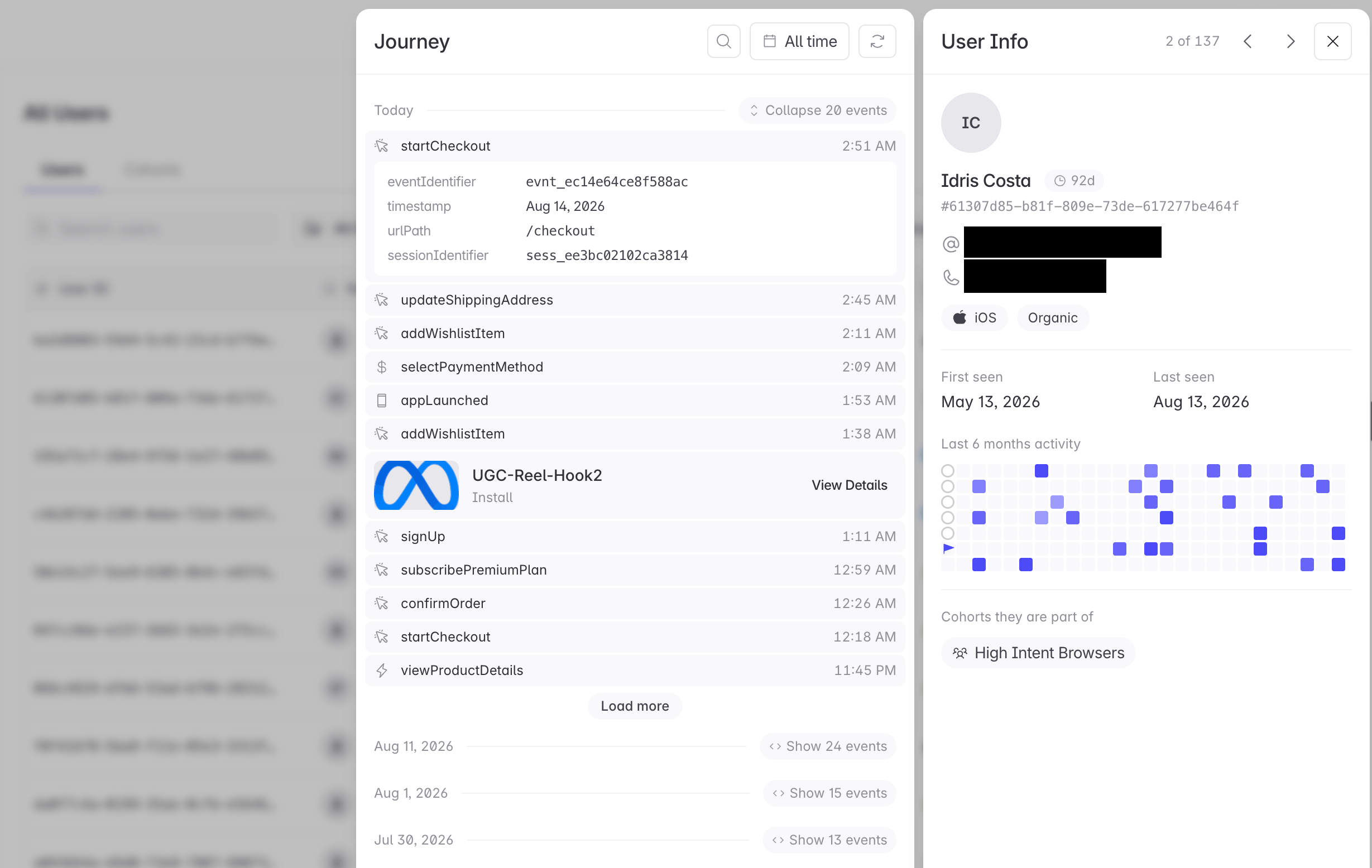 A user profile showing the Journey list on the left and the user information panel with activity heatmap on the right