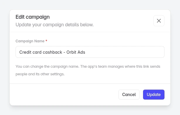 The Edit campaign form for an affiliate, with only the campaign name